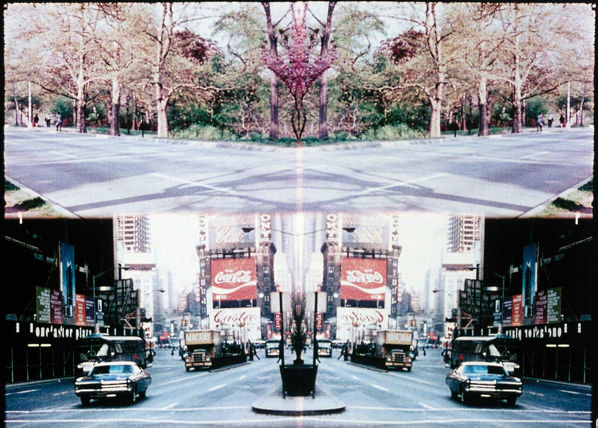 Two mirrored images stacked on top of each other. The top image is of a tree lined road, and the bottom image is of Times Square.