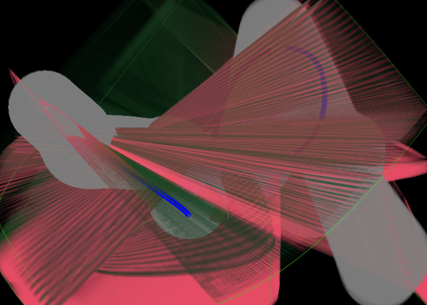 Screenshot of animating geometric shapes. Red lines fan out over the top of moving gray circles, over darker green swirls on a background of black.