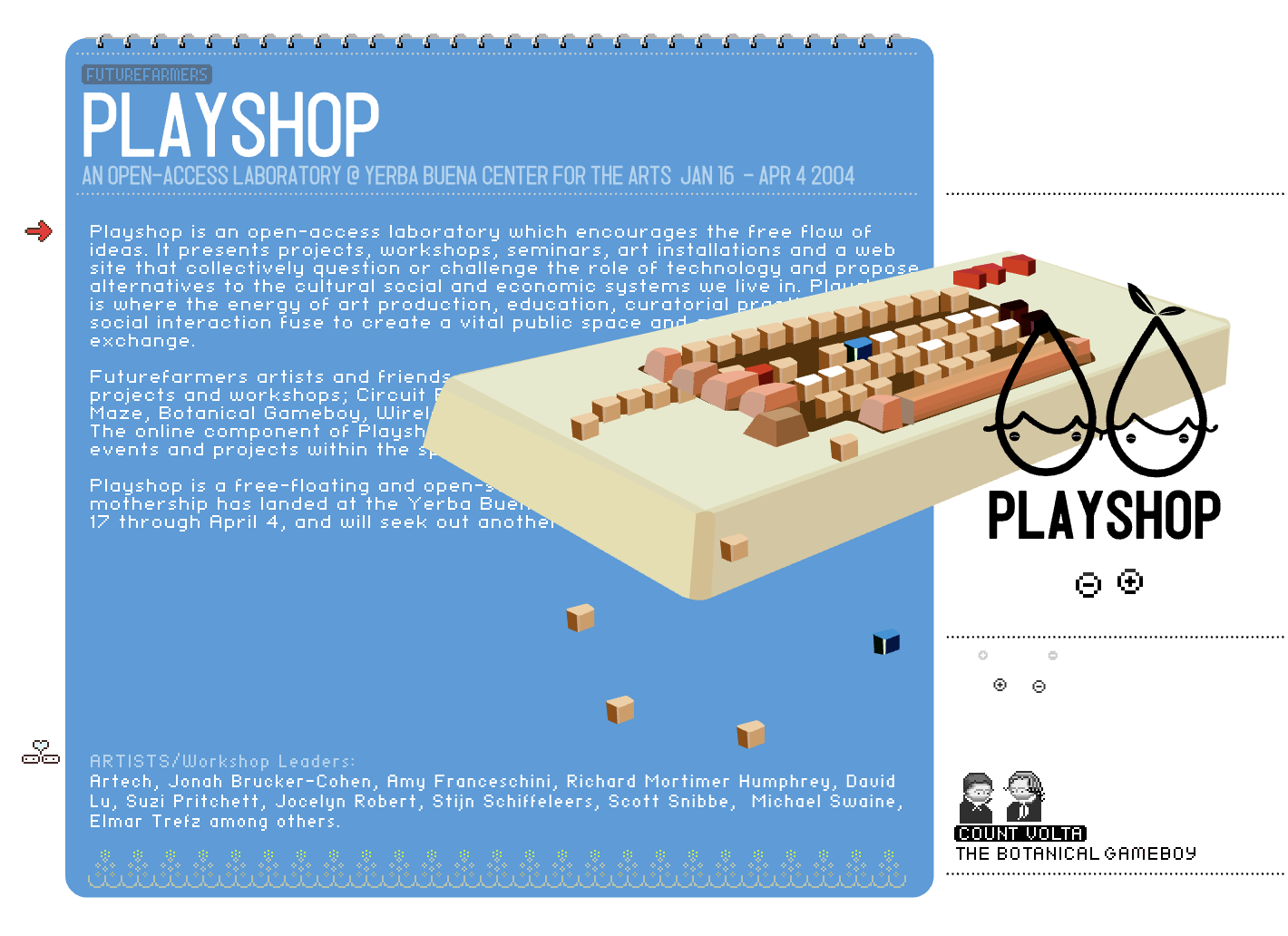 Screenshot of a webpage describing the Playshop project, with a large block of blue with white text on it, and an image of a keyboard on top of the text on the middle right.