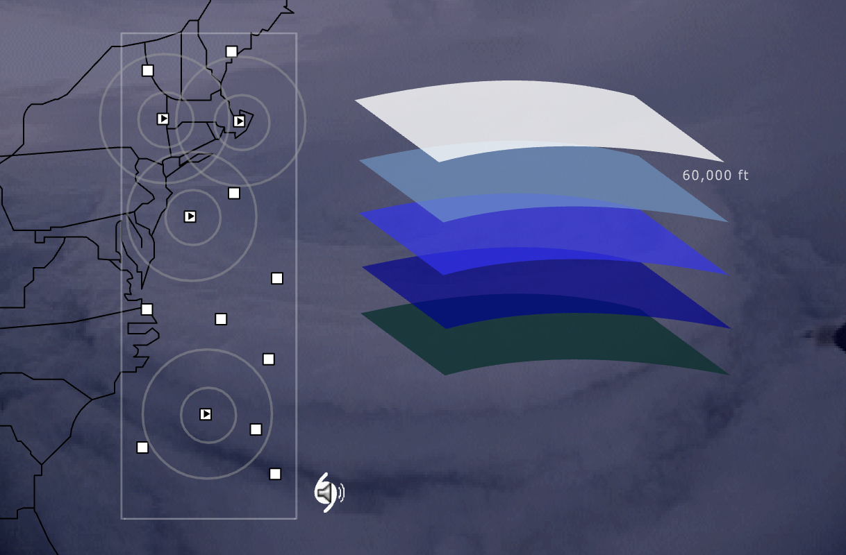 Screenshot of a map of the east coast, with a number of locations marked with little squares some of which have sound waves radiating outwards. On the right side of the map are flat color coded layers corresponding to different altitudes.