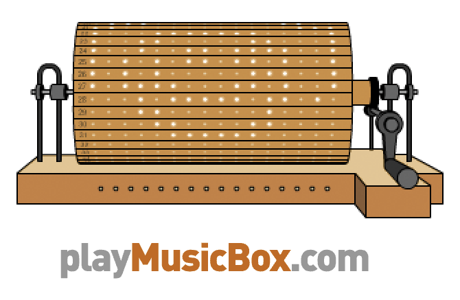 Screenshot of an simple computer drawing of a orange/brown music box, with the text playMusicBox.com beneath.