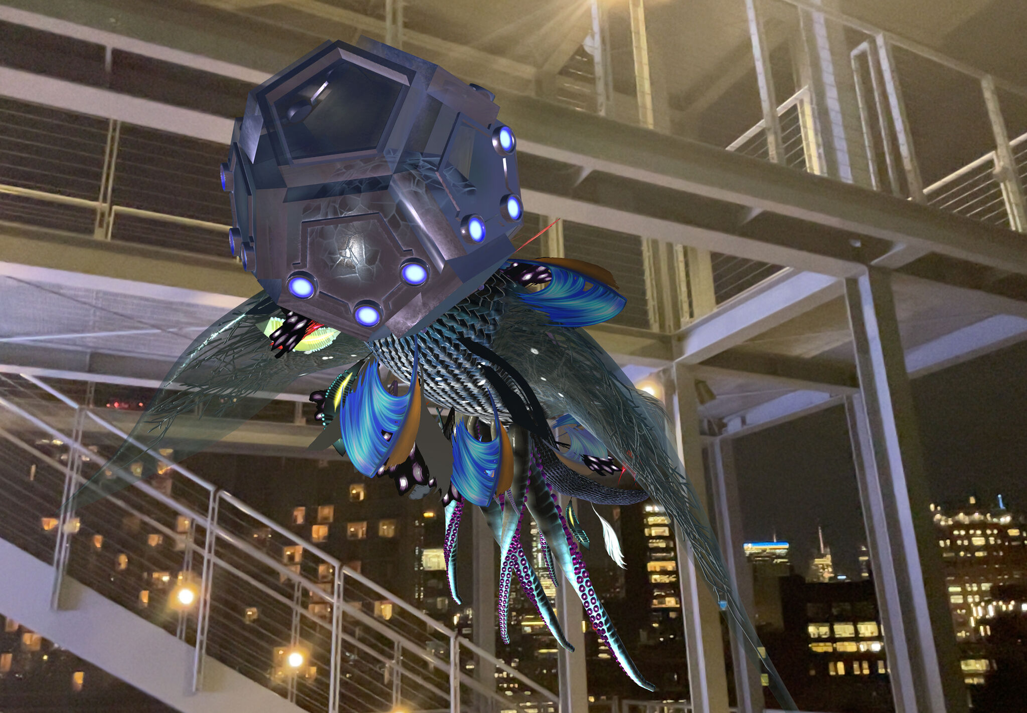 A creature hovering within an outdoor stairwell with a city skyline behind. 