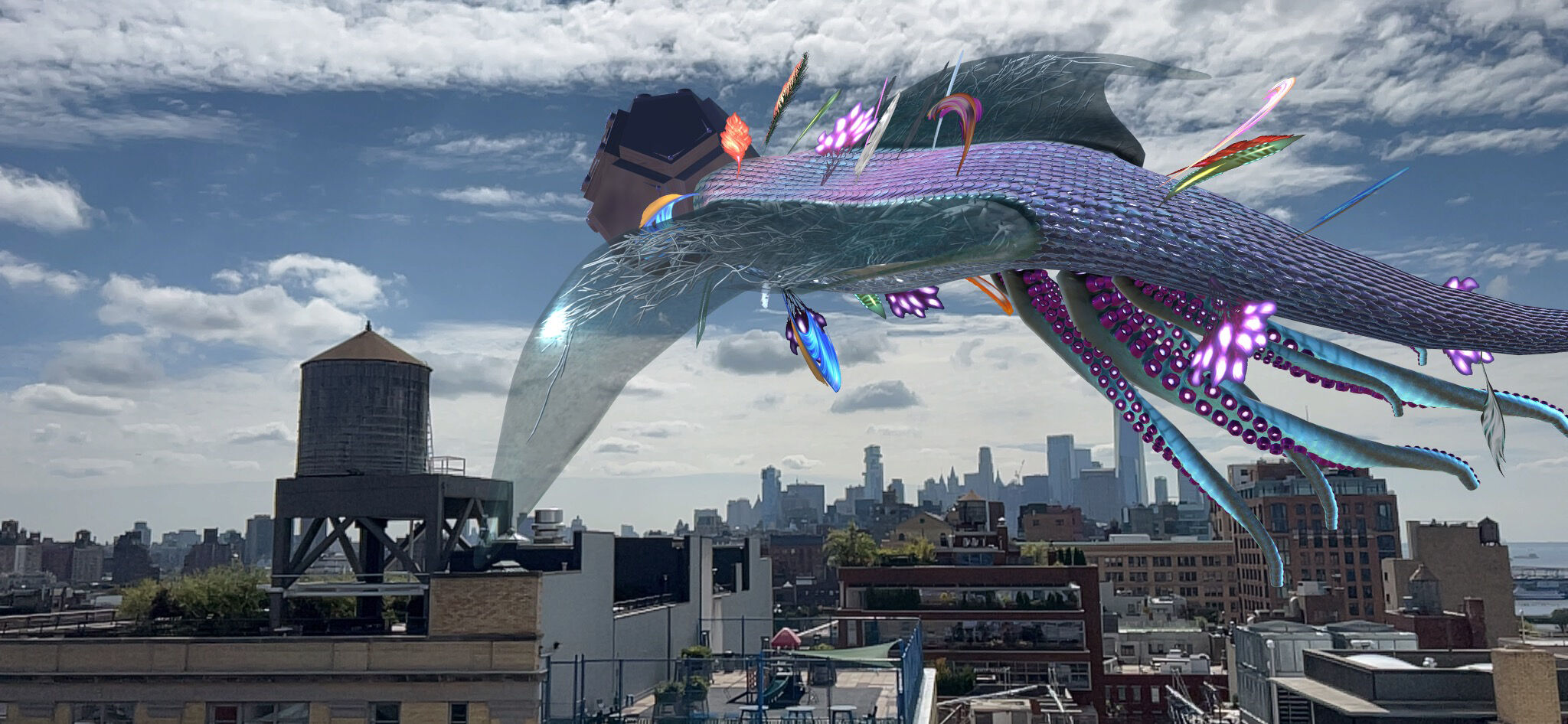 A creature hovering above a city on a sunny day. 