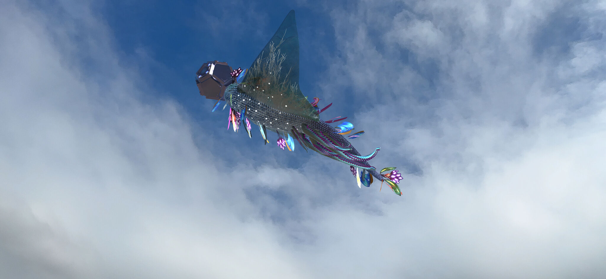 A creature hovering within the clouds on a sunny day.