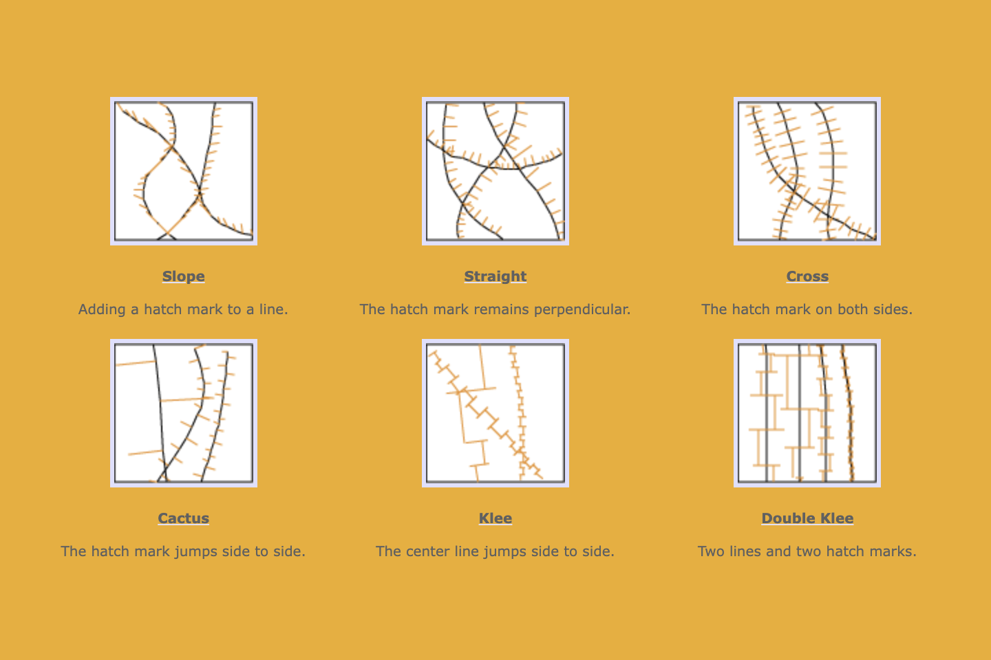 Screenshot of webpage on a mustard yellow background of 6 square thumbnails of various patterned line drawings.