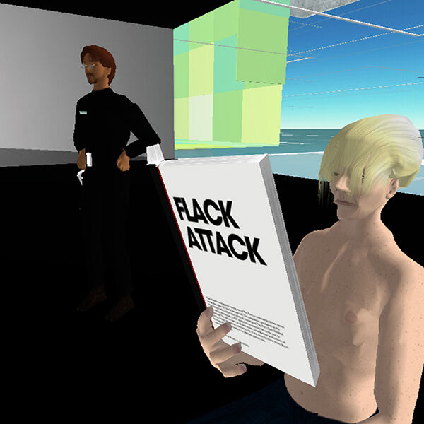 Screenshot from the online virtual environment Second Life. There are two figures, the one in the foreground is holding up a document that says FLACK ATTACK.