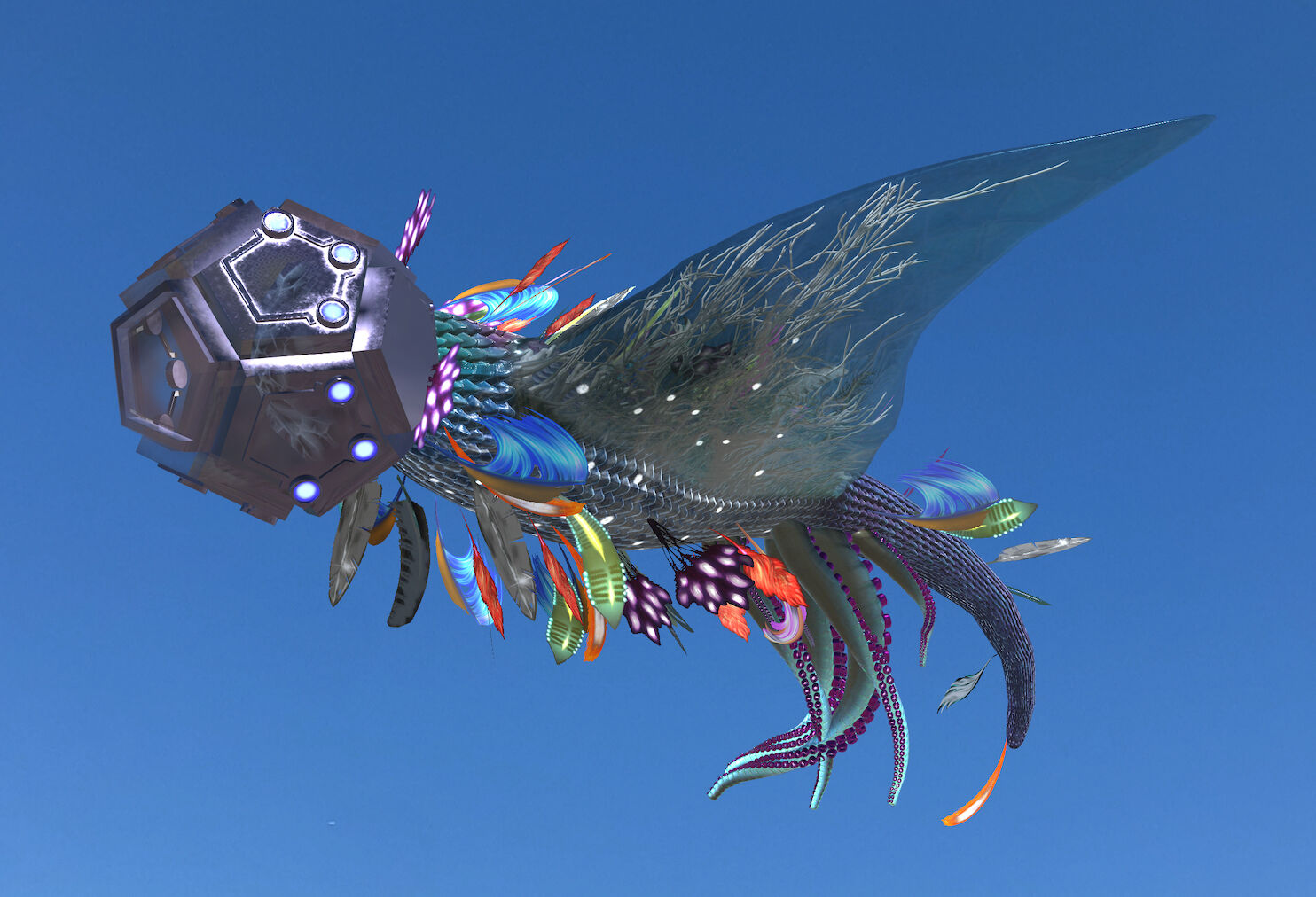 A large creature floats in a very sunny sky with many feathers fluttering around its body. 