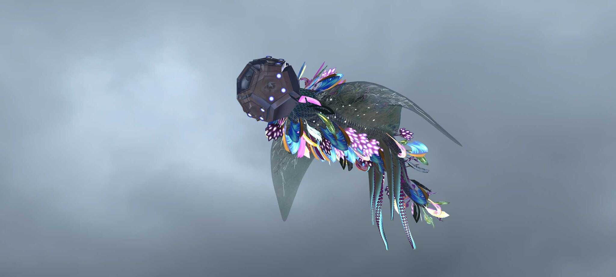 A 3D rendered creature with trailing tentacles, wings, and feathers, floats in the cloudy sky.