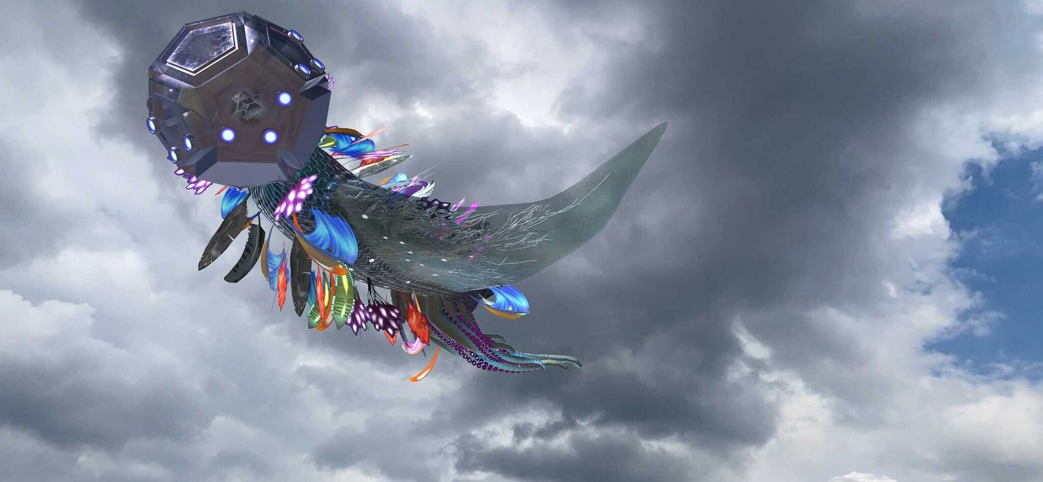 A large creature floats in a cloudy sky with many feathers fluttering around its body.