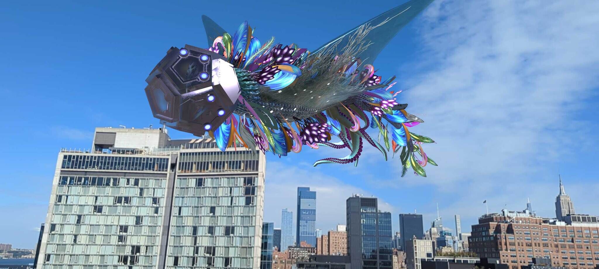 A large creature floats in a sunny sky with many feathers fluttering around its body.