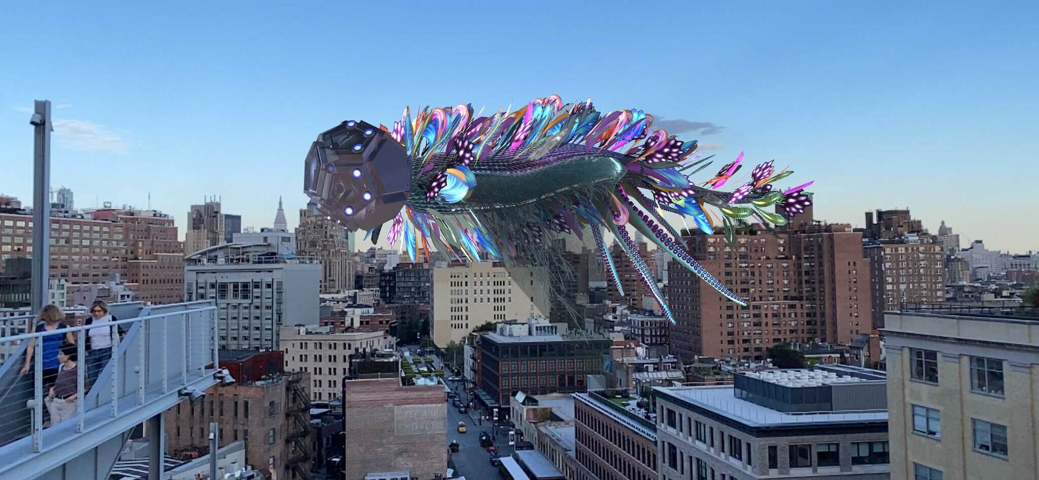 A large creature floats over buildings with many feathers fluttering around its body.