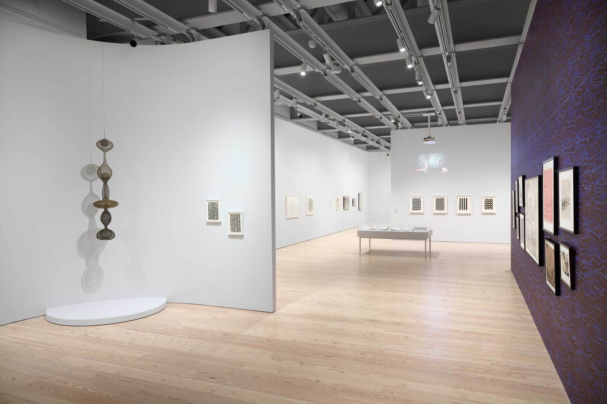 A wired sculpture hangs on the left of a gallery while a blue wall on the right leads to more paintings within the gallery.