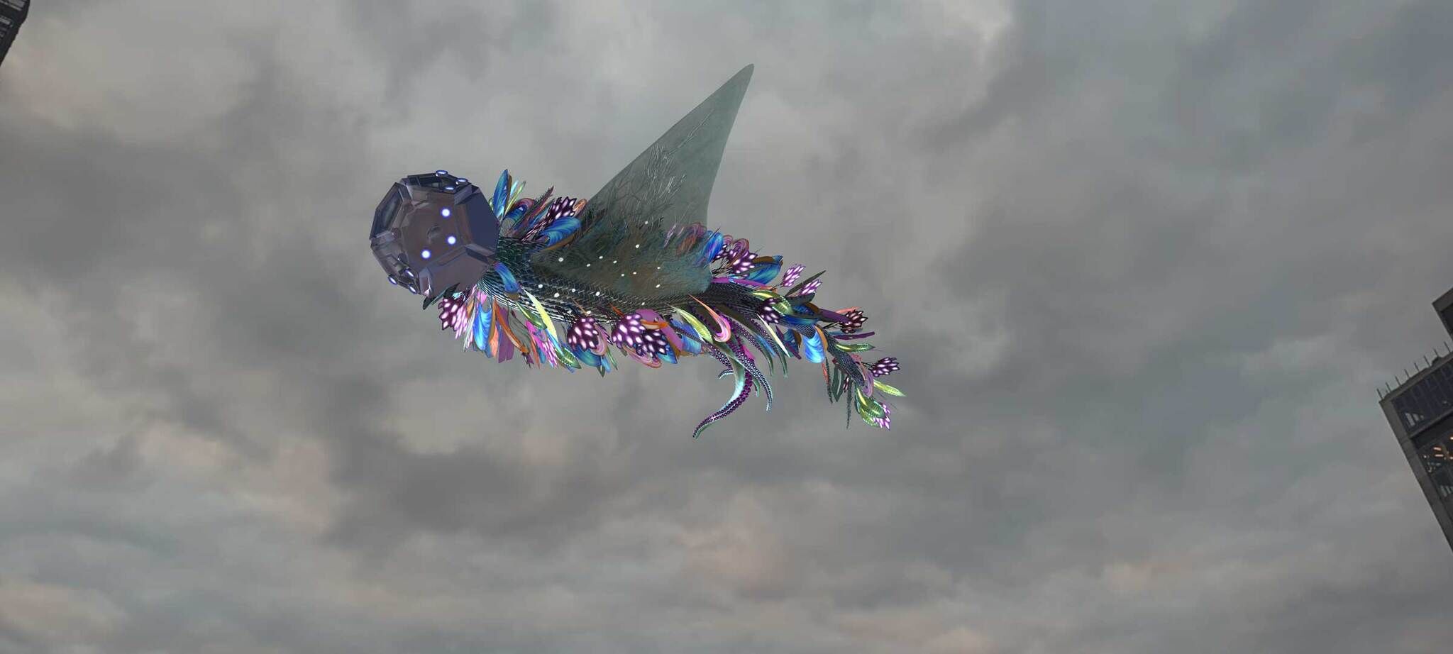 A large creature floats in a cloudy sky with many feathers fluttering around its body. 