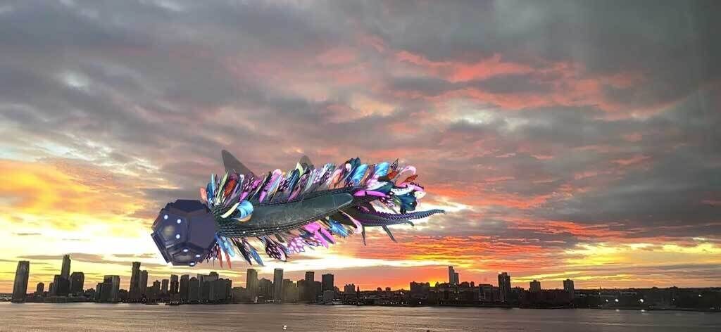 A large creature floats over a skyline in the sunset with many feathers fluttering around its body. 