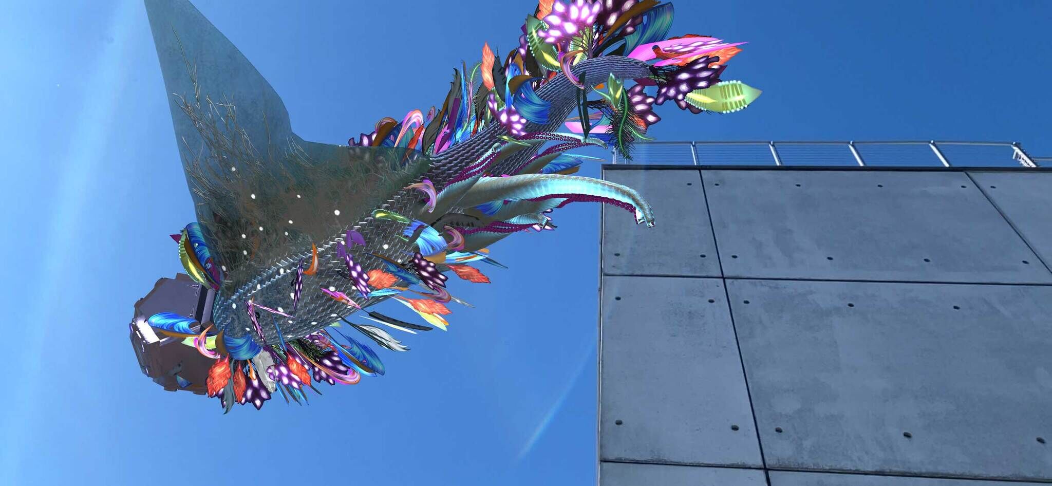 A large creature floats in a blue sky with many feathers fluttering around its body. 