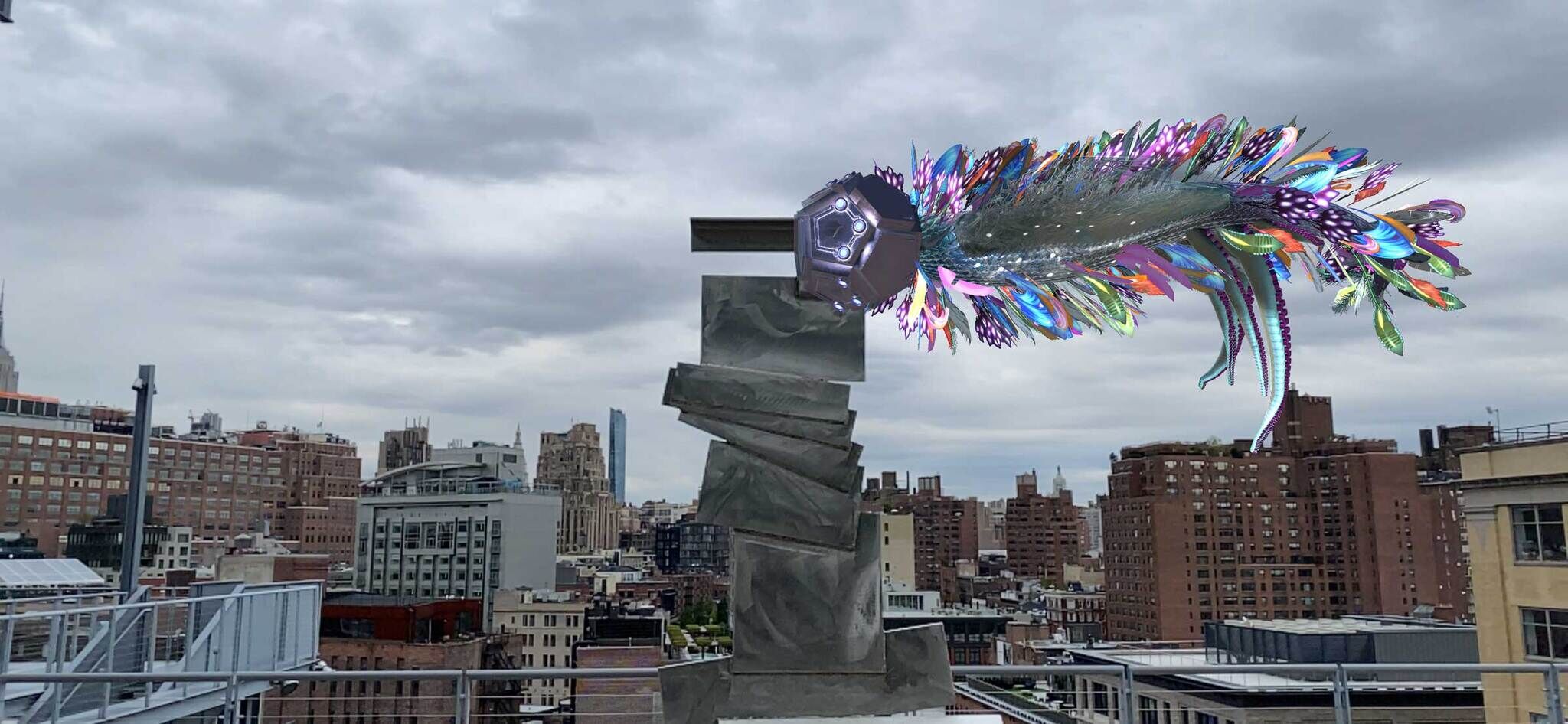 A large creature floats in a cloudy sky over the New York skyline with many feathers fluttering around its body. 