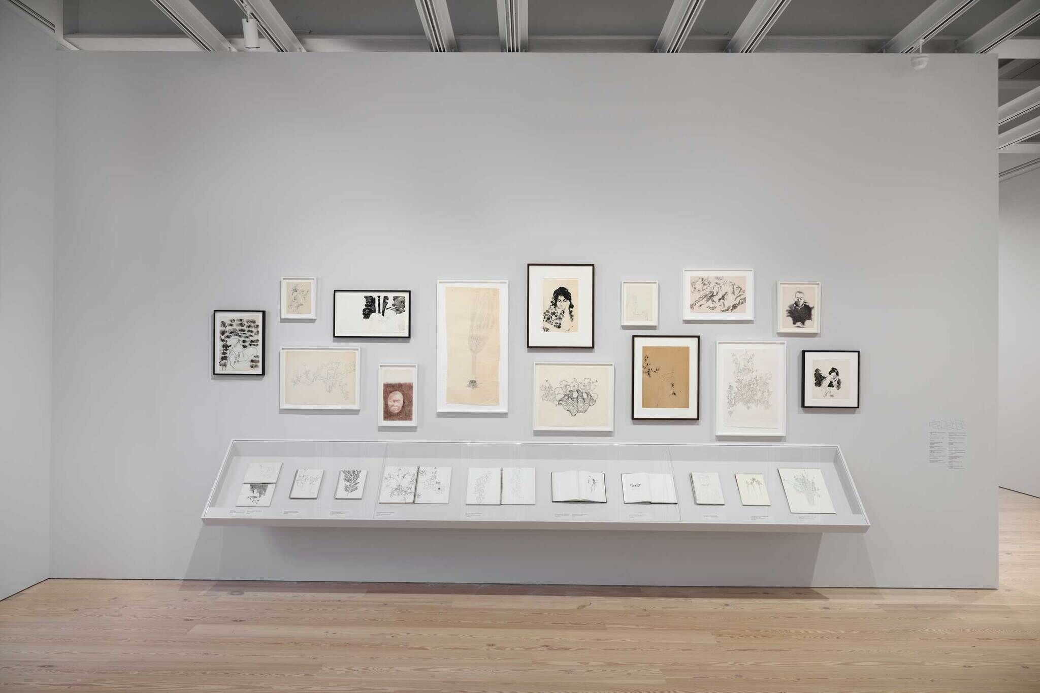 A gallery wall of sketches and drawings of people and a glass table under the framed sketches and drawings.