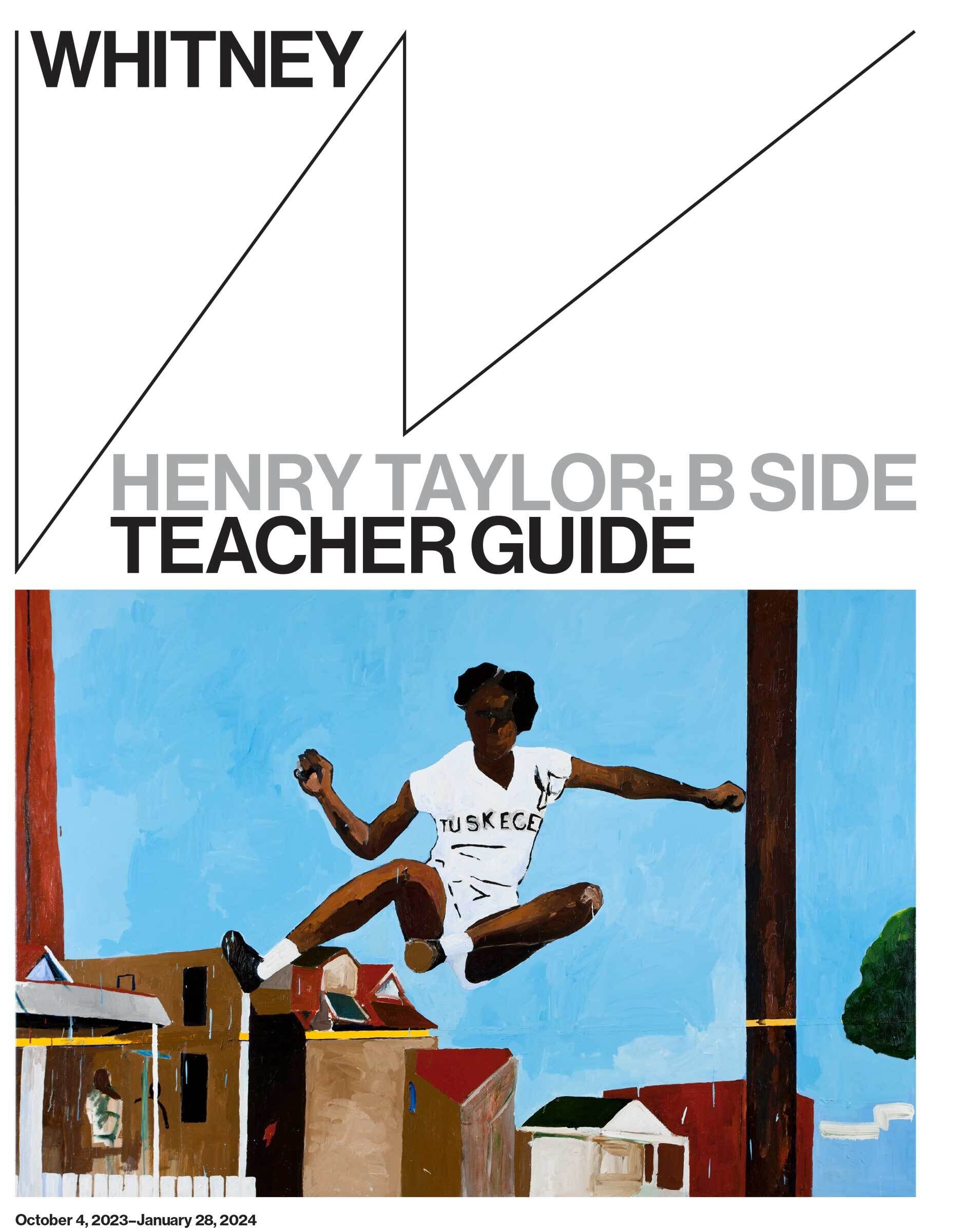 A painting of a hurdle jumper with the uniform Tuskegee and above is the Whitney's logo with the words Henry Taylor B Side Teacher Guide.