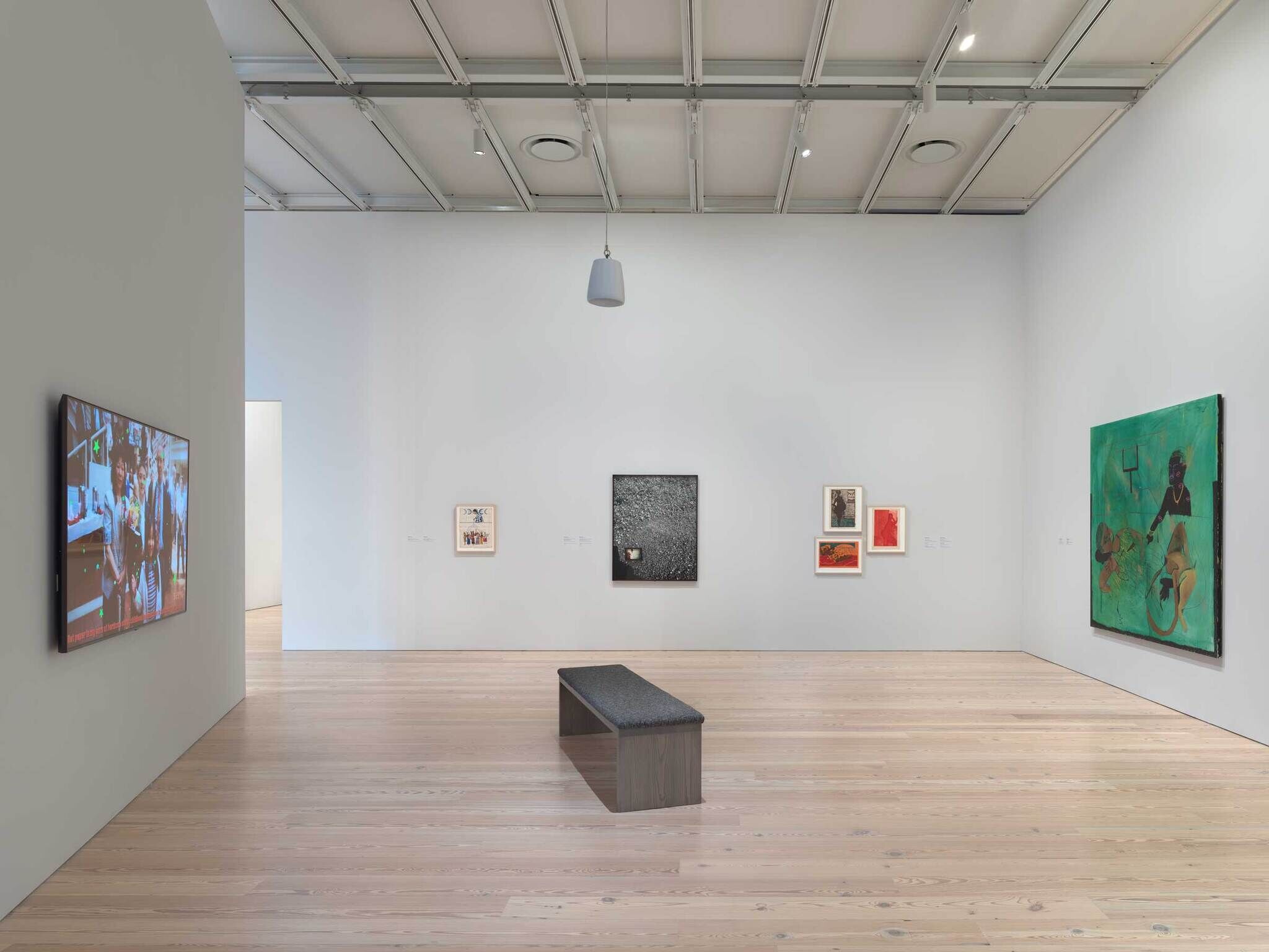 A gallery with a screen on the left, 5 photographs and paintings in the middle wall, and a big green painting on the right.