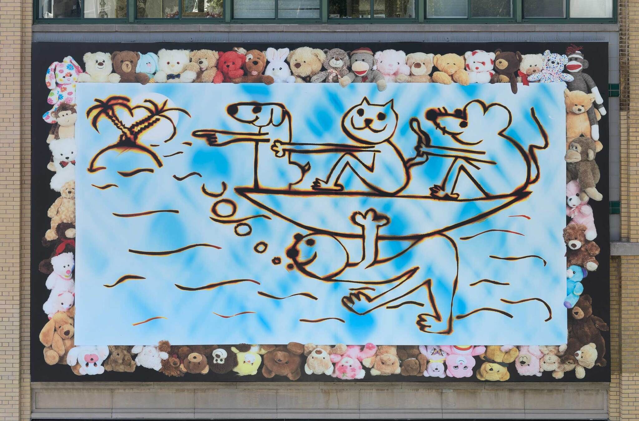 A mural of a cartoon-ish drawing of animals on a boat on a background of stuffed animals.
