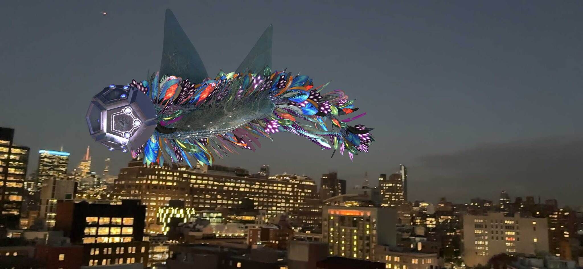 A large creature floats over the nighttime New York skyline with many feathers fluttering around its body. 