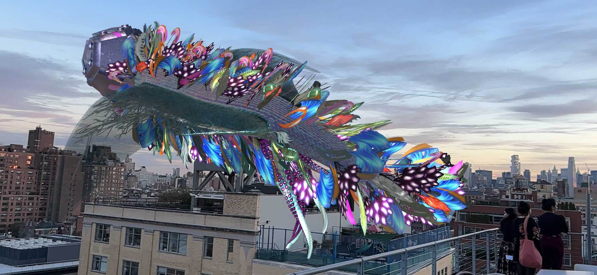 A creature covered in feathers hovering above people on a terrace.