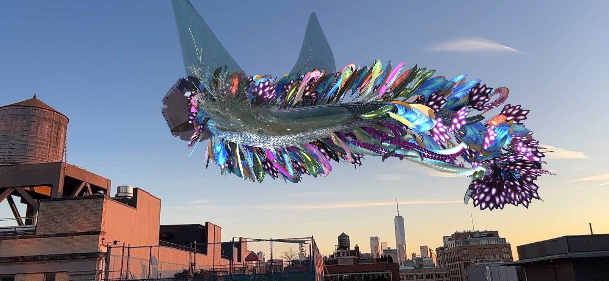 A vibrant, multicolored digital creature with feather-like textures flies above an urban rooftop skyline at dusk.