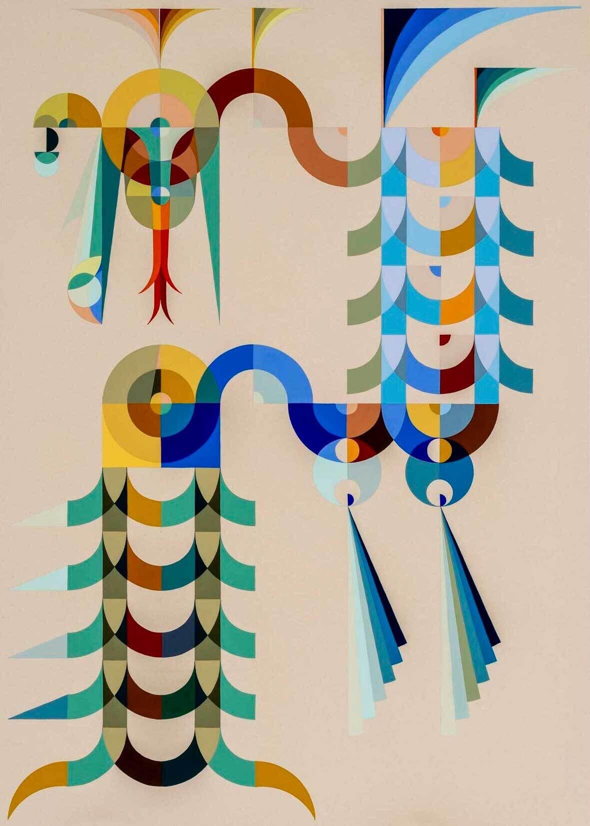 Abstract geometric artwork with colorful shapes and patterns resembling two stylized birds facing each other.