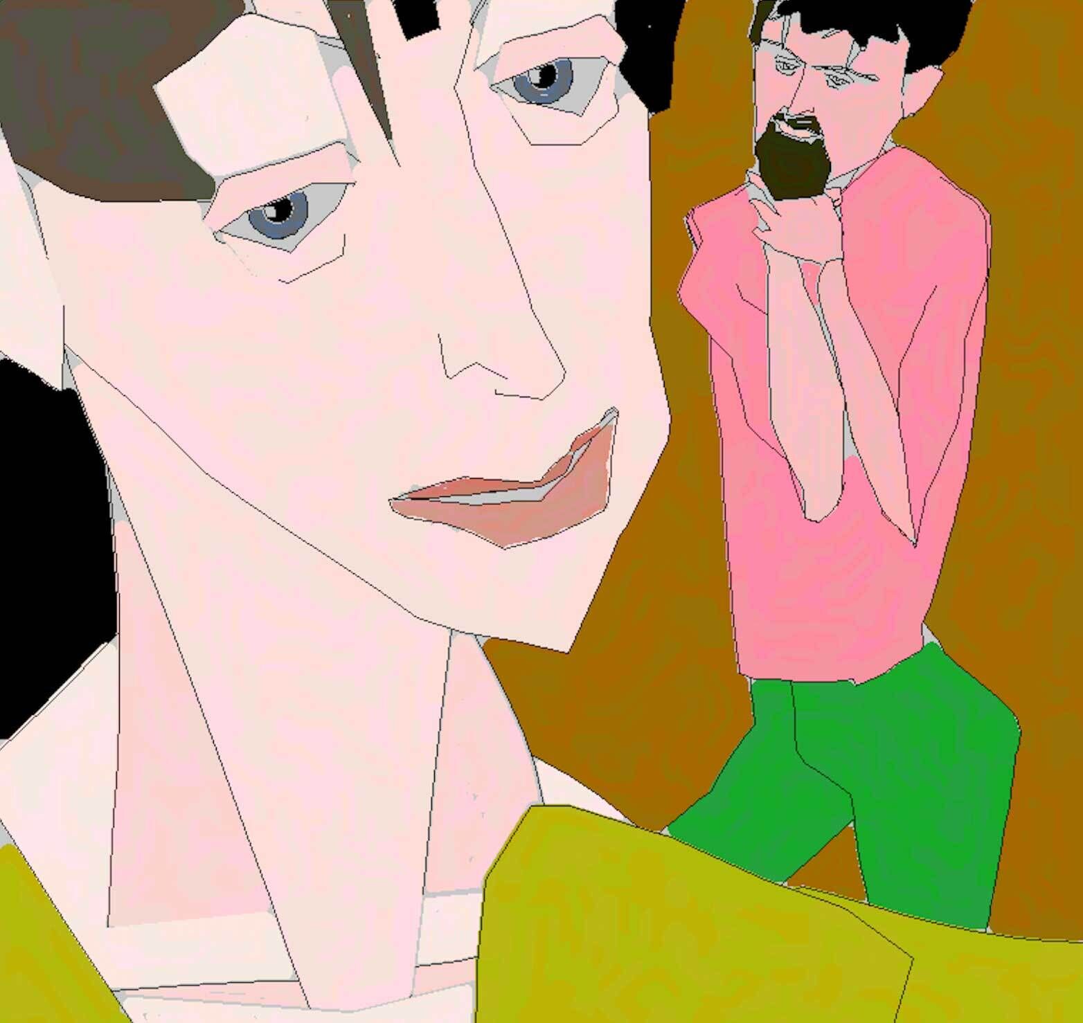 An AI created stylized digital artwork of two abstract human figures, one in the foreground with a focus on the face, and another in the background.