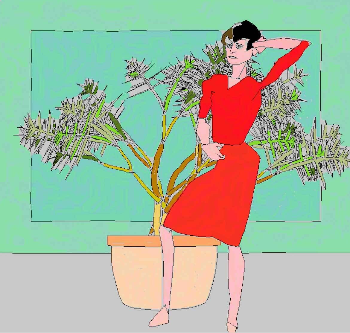 A stylized drawing of a woman in a red dress posing with her hand on her head next to a potted plant.