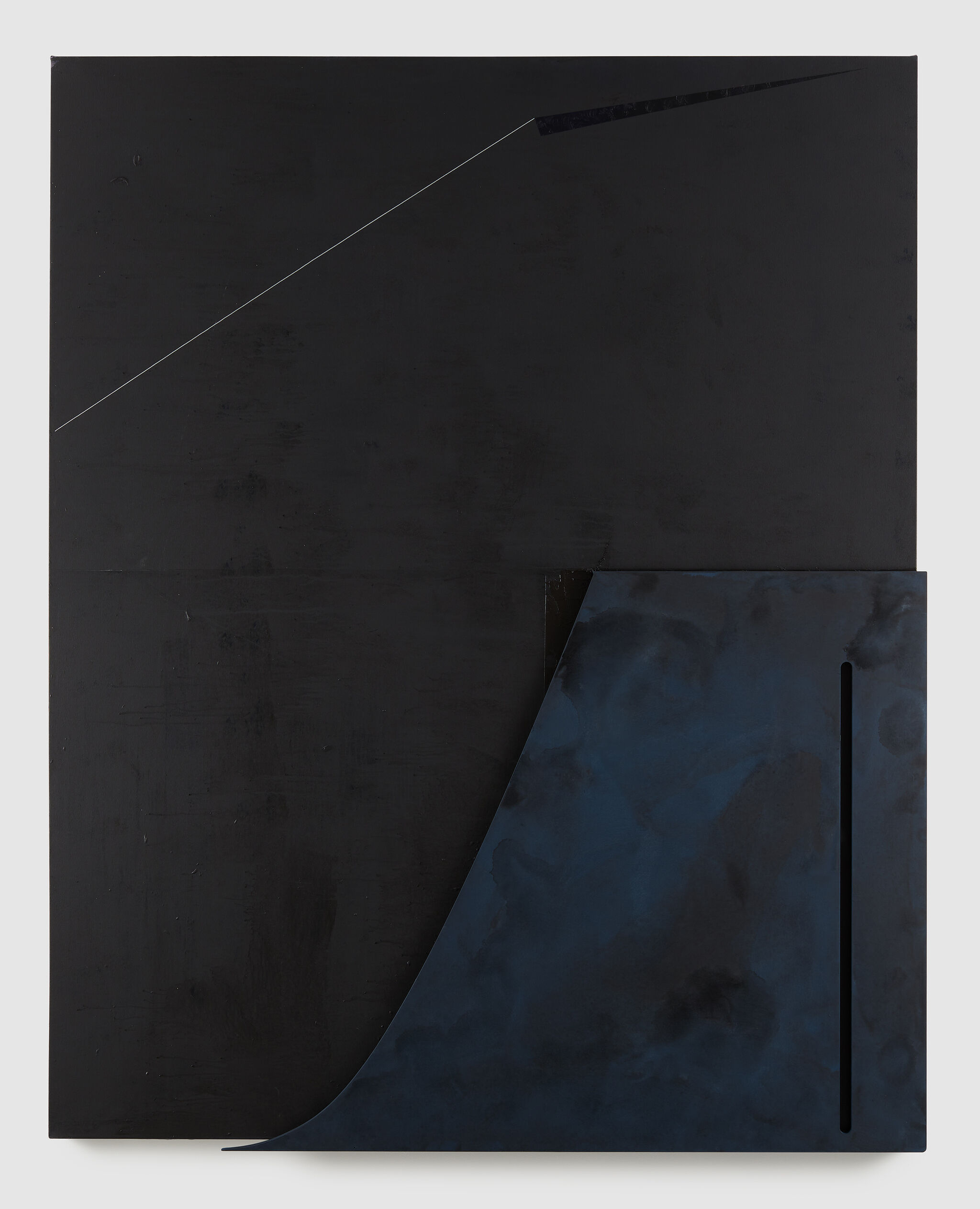 Abstract art with dark hues and geometric shapes on canvas.