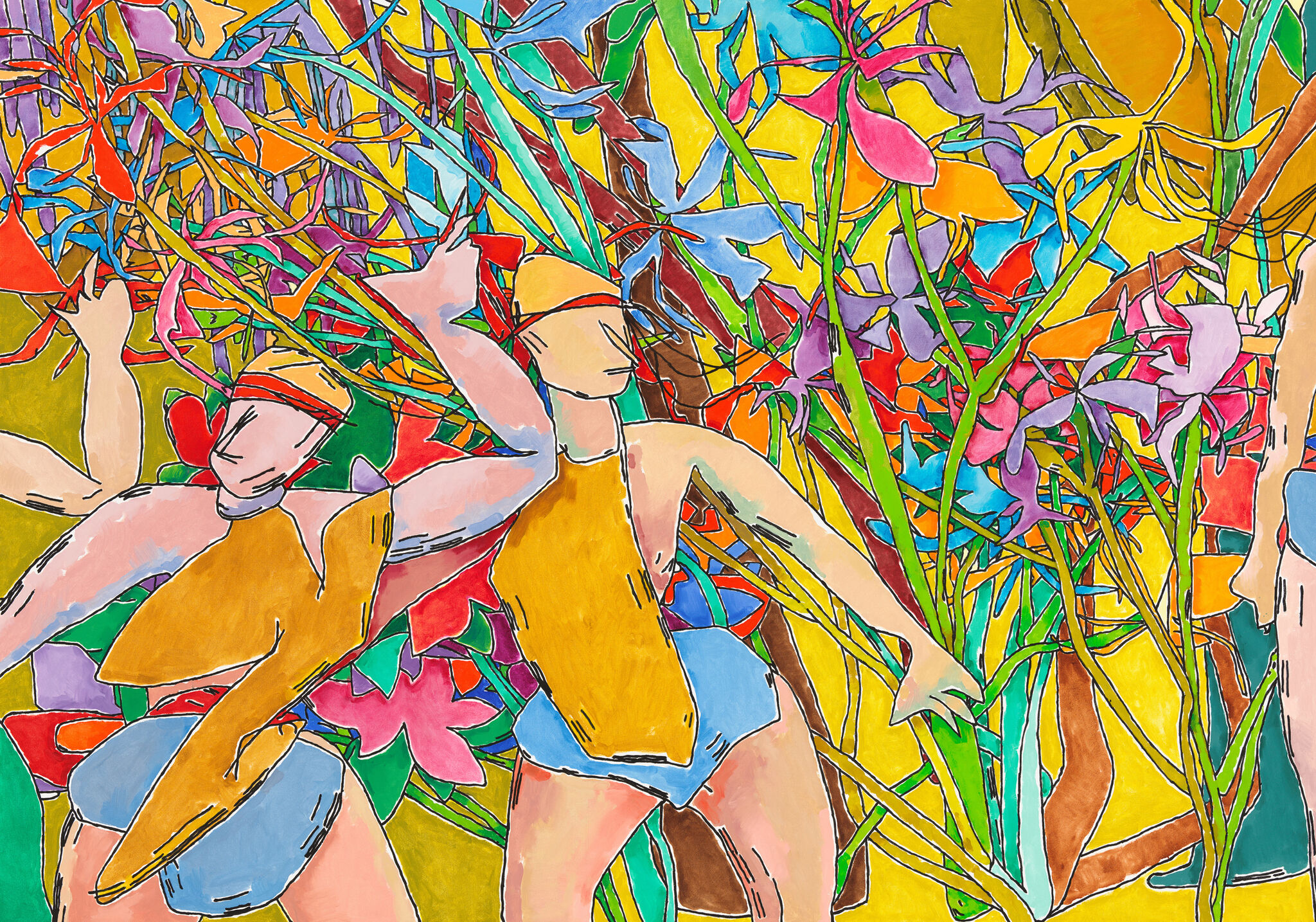 Colorful abstract painting of figures dancing amidst vibrant, intertwined plant-like shapes.