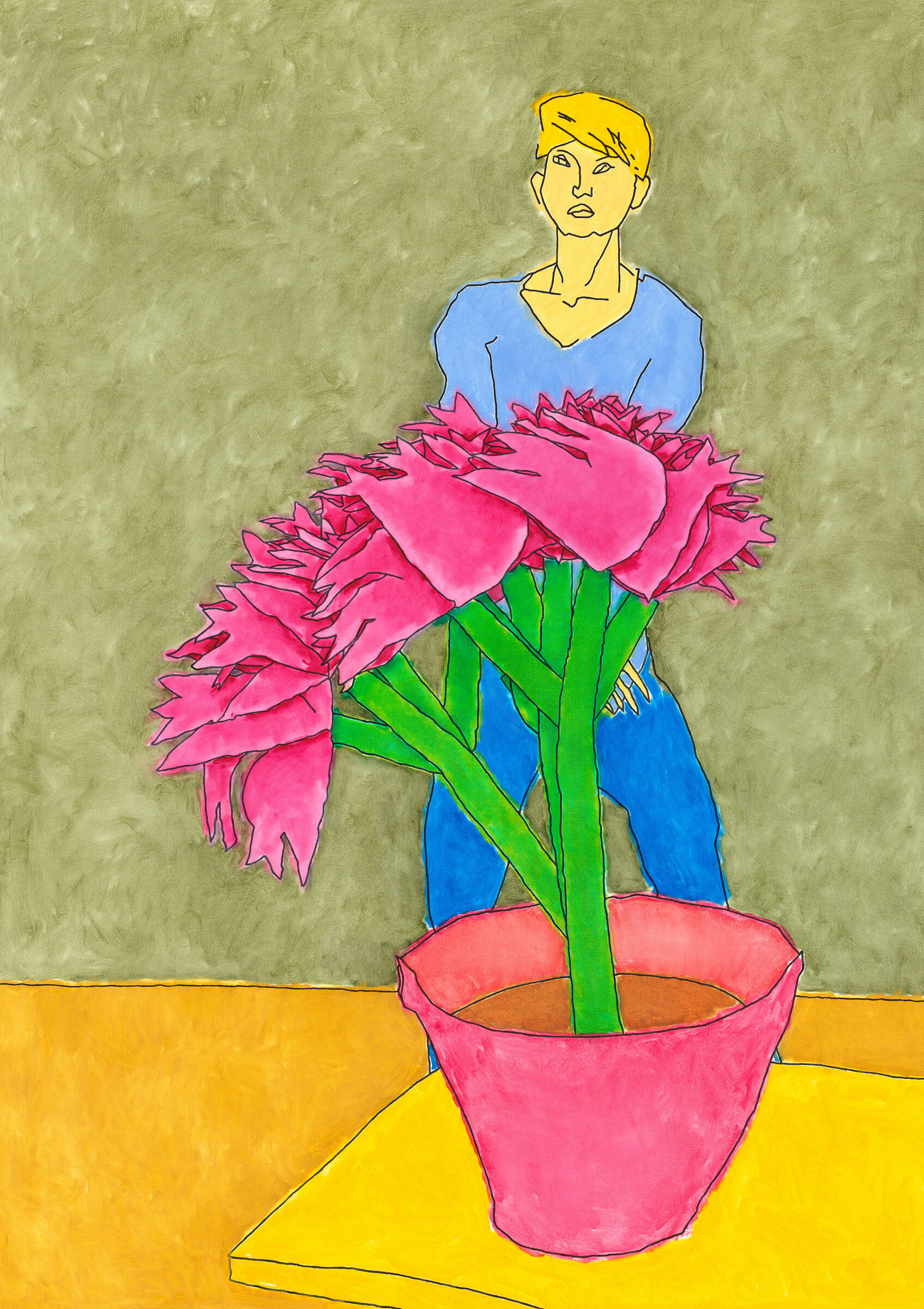 Illustration of a person in blue standing behind oversized pink flowers in a red pot, with a textured grey background.