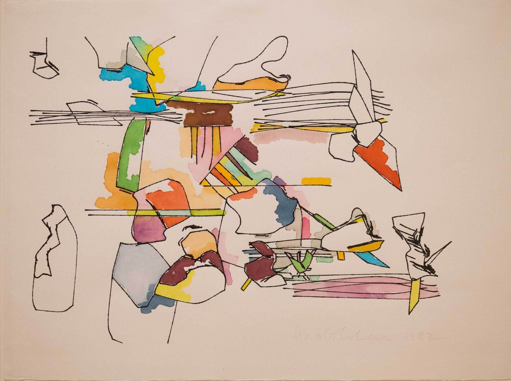 Colorful abstract artwork with various shapes and lines, signed and dated 1982.