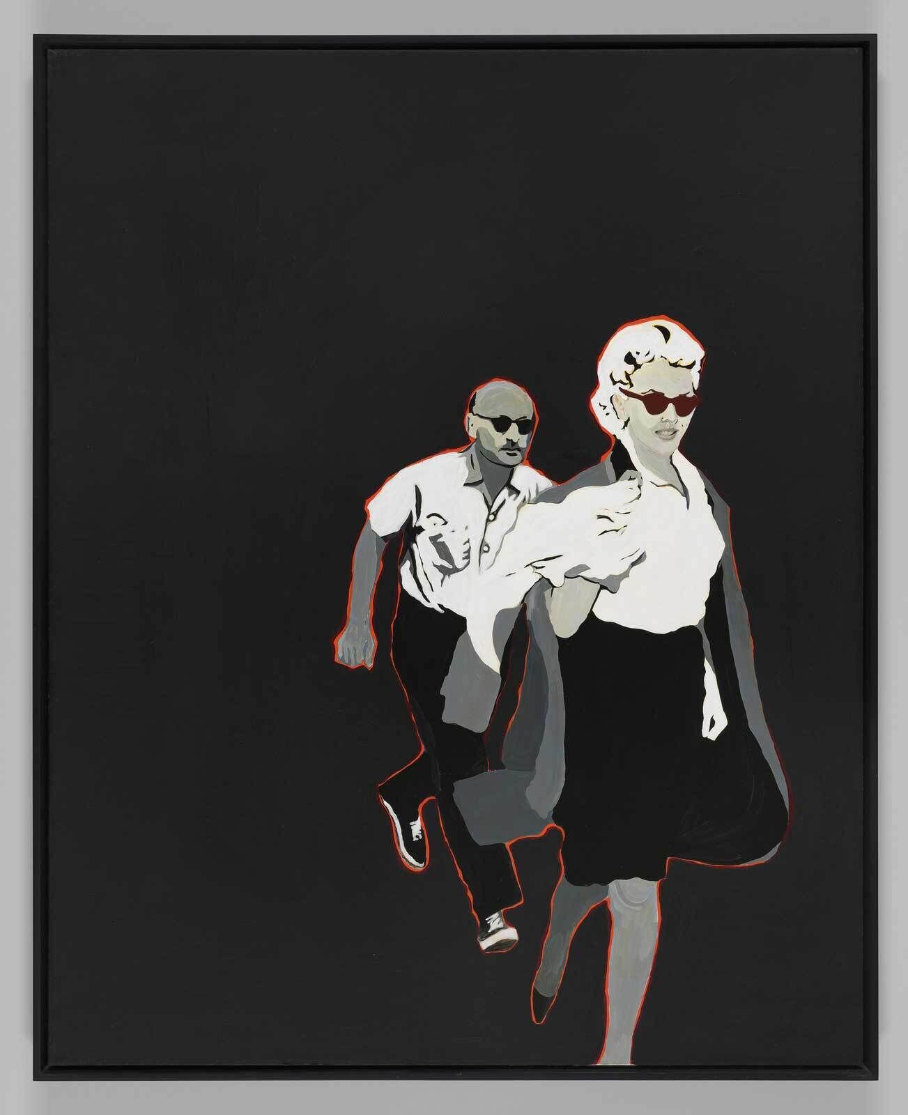 A simplified black and white figure of Marilyn Monroe running emerges from a flat black background, outlined in a thin red line . Just behind her, is the running figure of a bald man wearing sunglasses. 