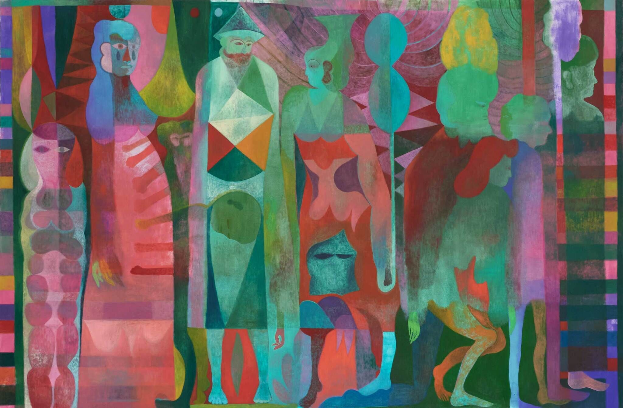 Colorful abstract painting with stylized human figures and geometric shapes.