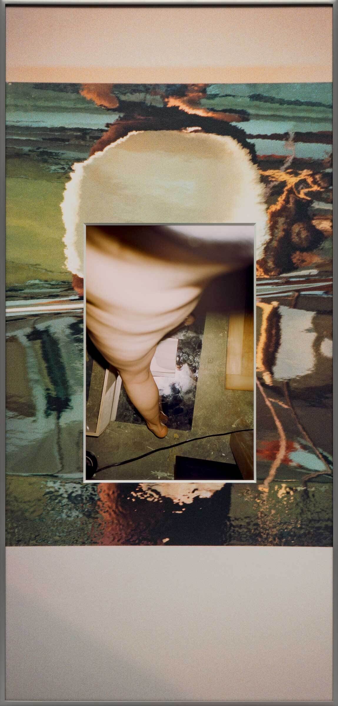 A long vertical photo collage with a blurry image of water and on top an abstract photograph of a leg.