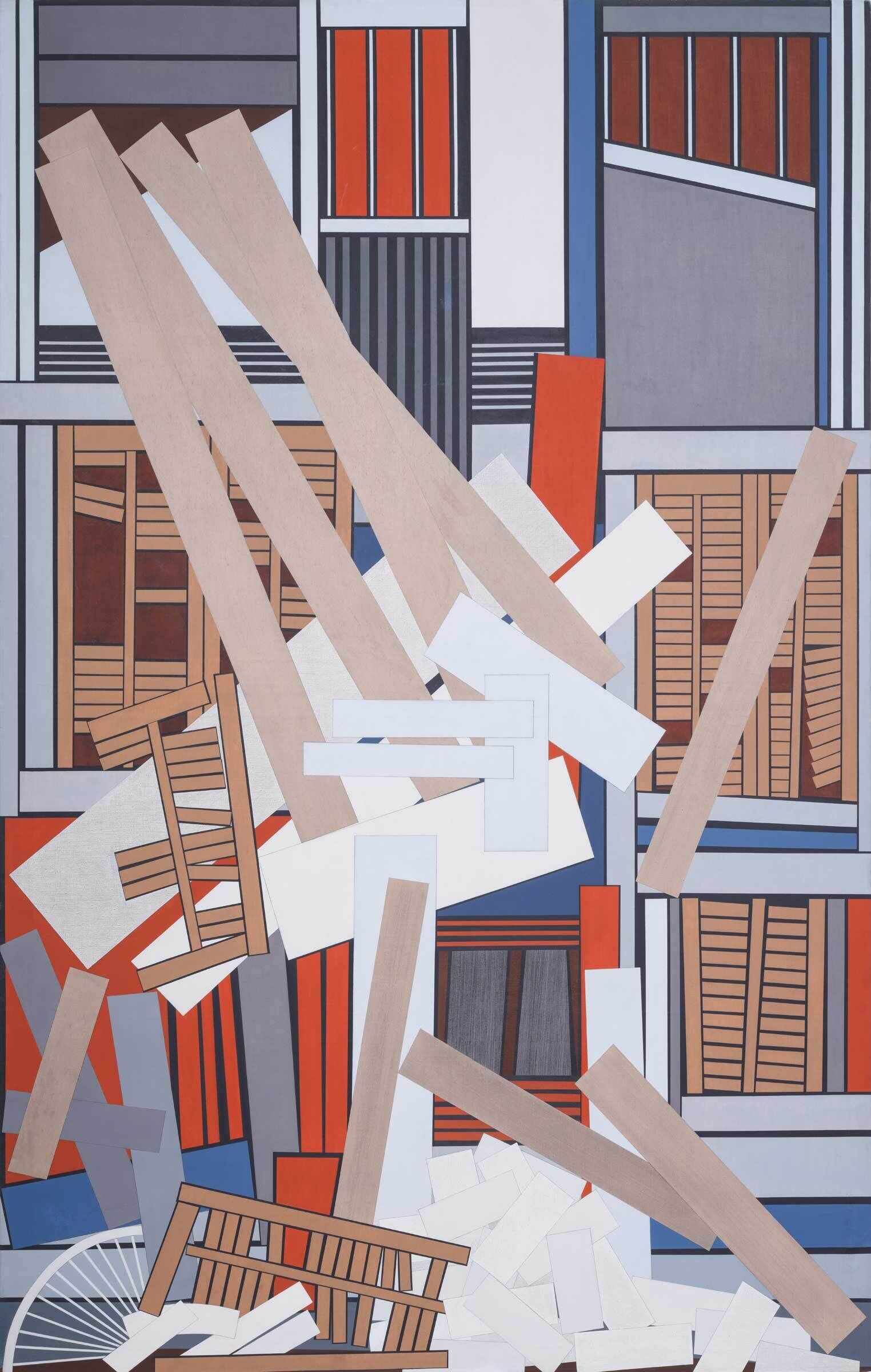 Abstract geometric painting with a chaotic arrangement of wooden planks against a backdrop of stylized building facades.