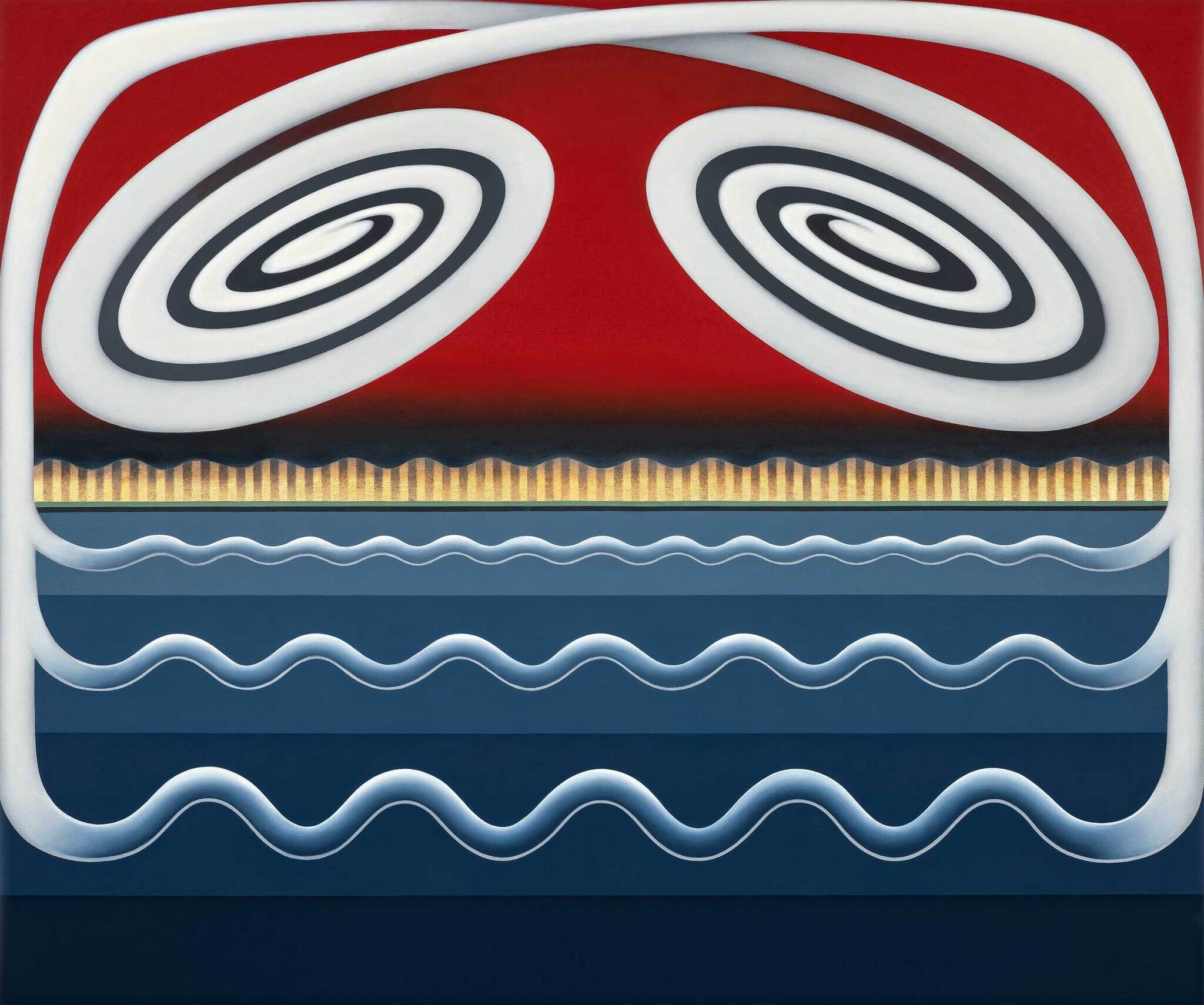 Abstract artwork with concentric circles, red background, wavy lines, and sandy texture.