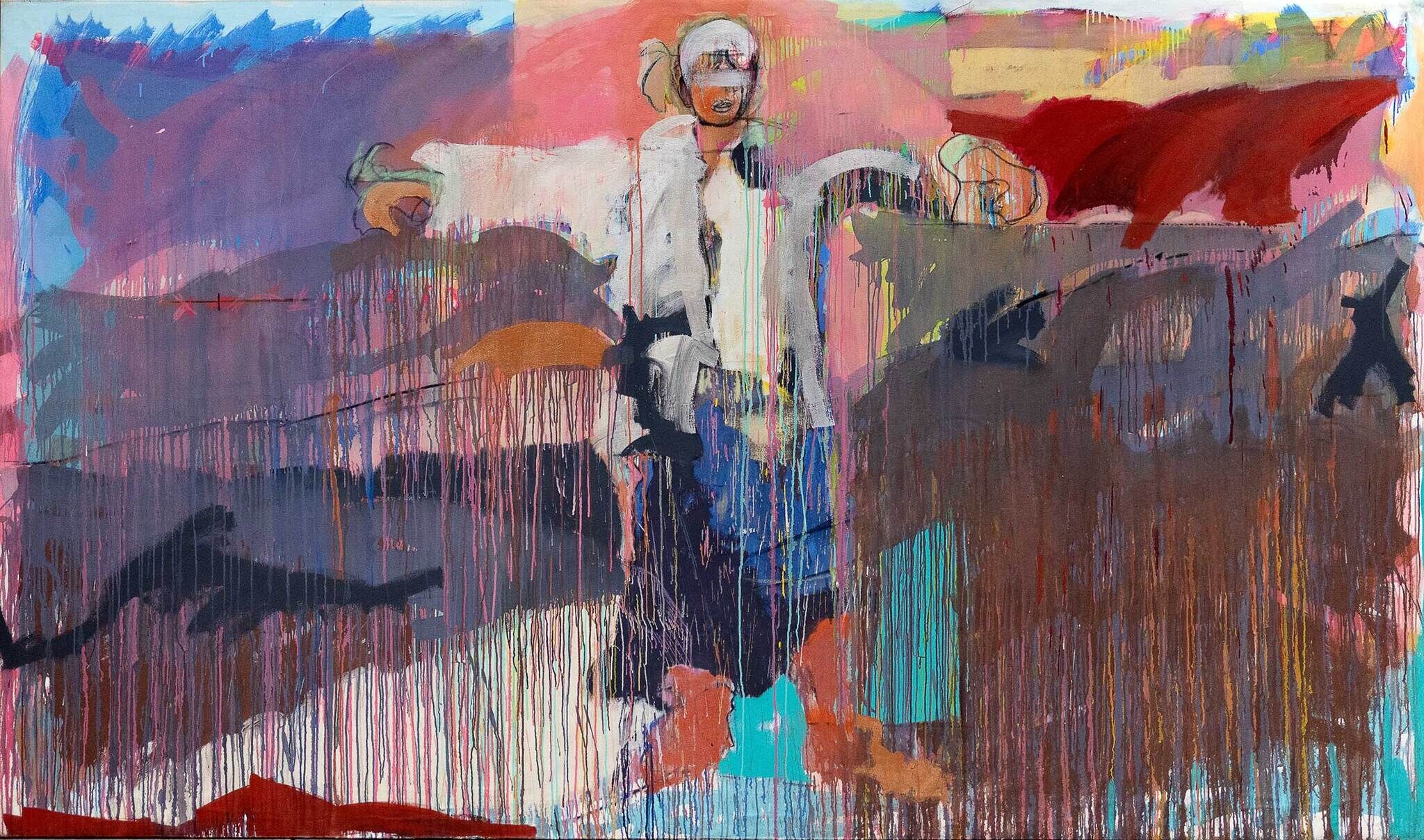 Abstract painting with vibrant colors and a central figure resembling a person in a white coat with indistinct features.