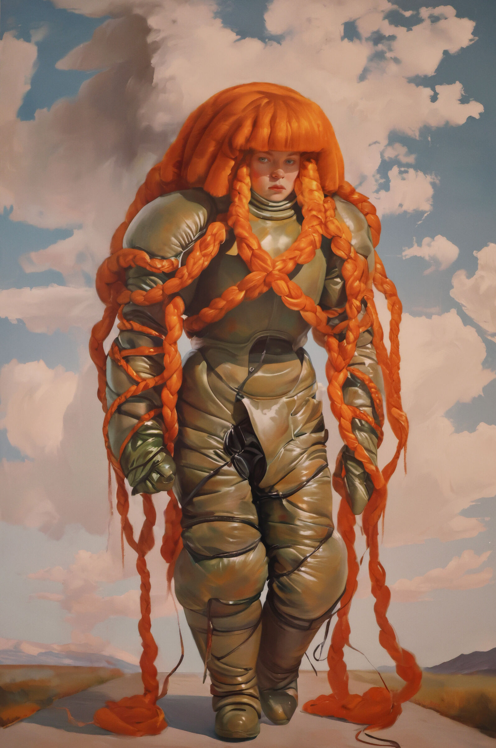 Person in a puffy green suit with voluminous orange braids against a sky with clouds.