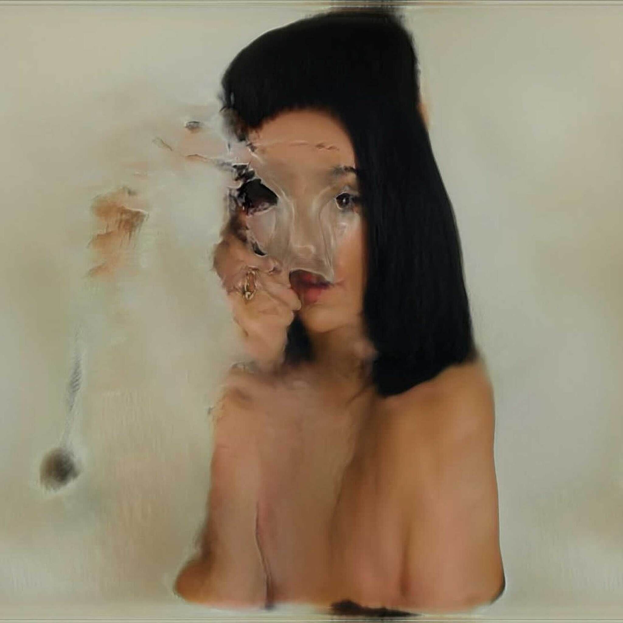 A woman with black hair appears behind a distorted glass pane, her face and hand visibly smeared.