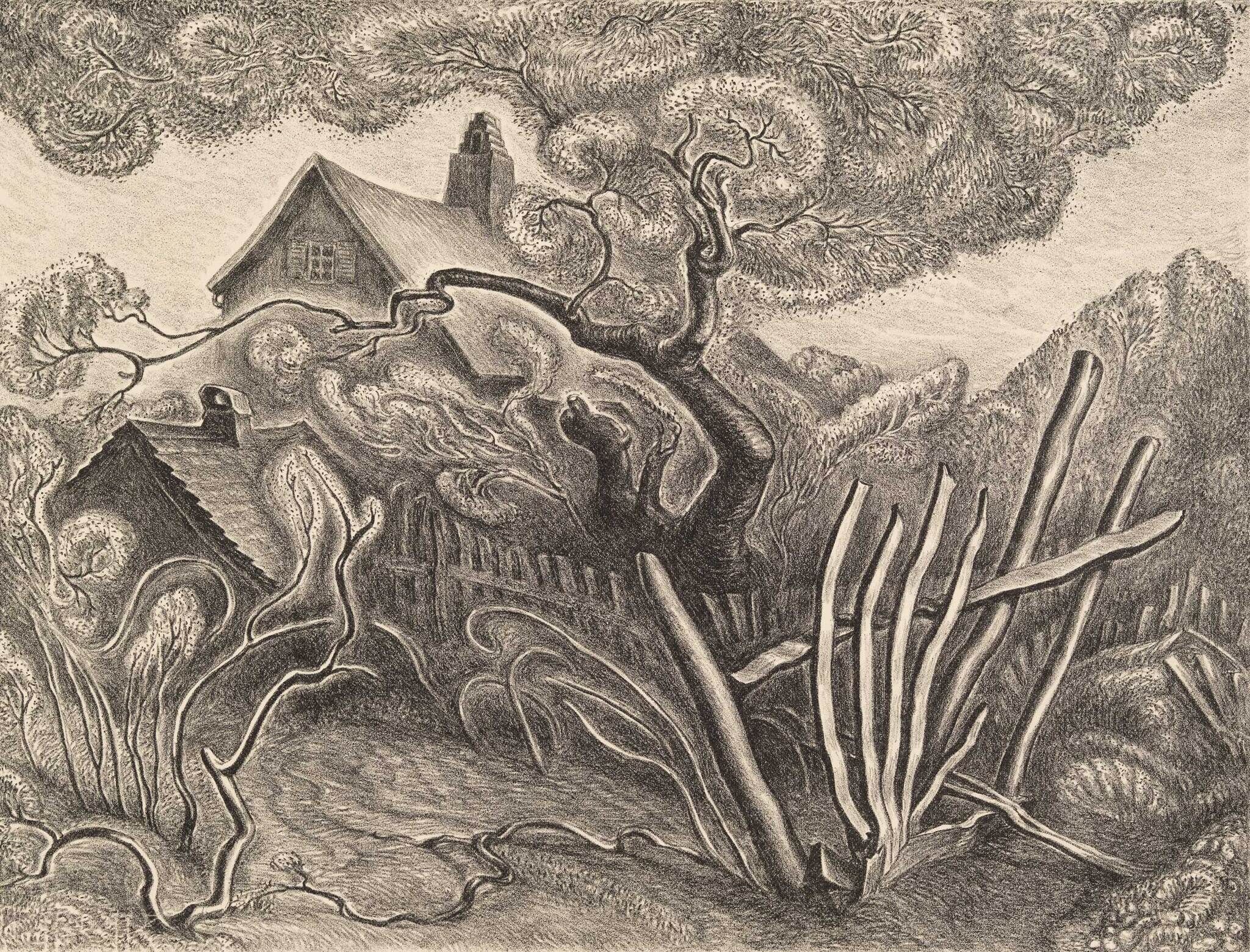 Detailed pencil drawing of a whimsical landscape with distorted trees and a cottage.
