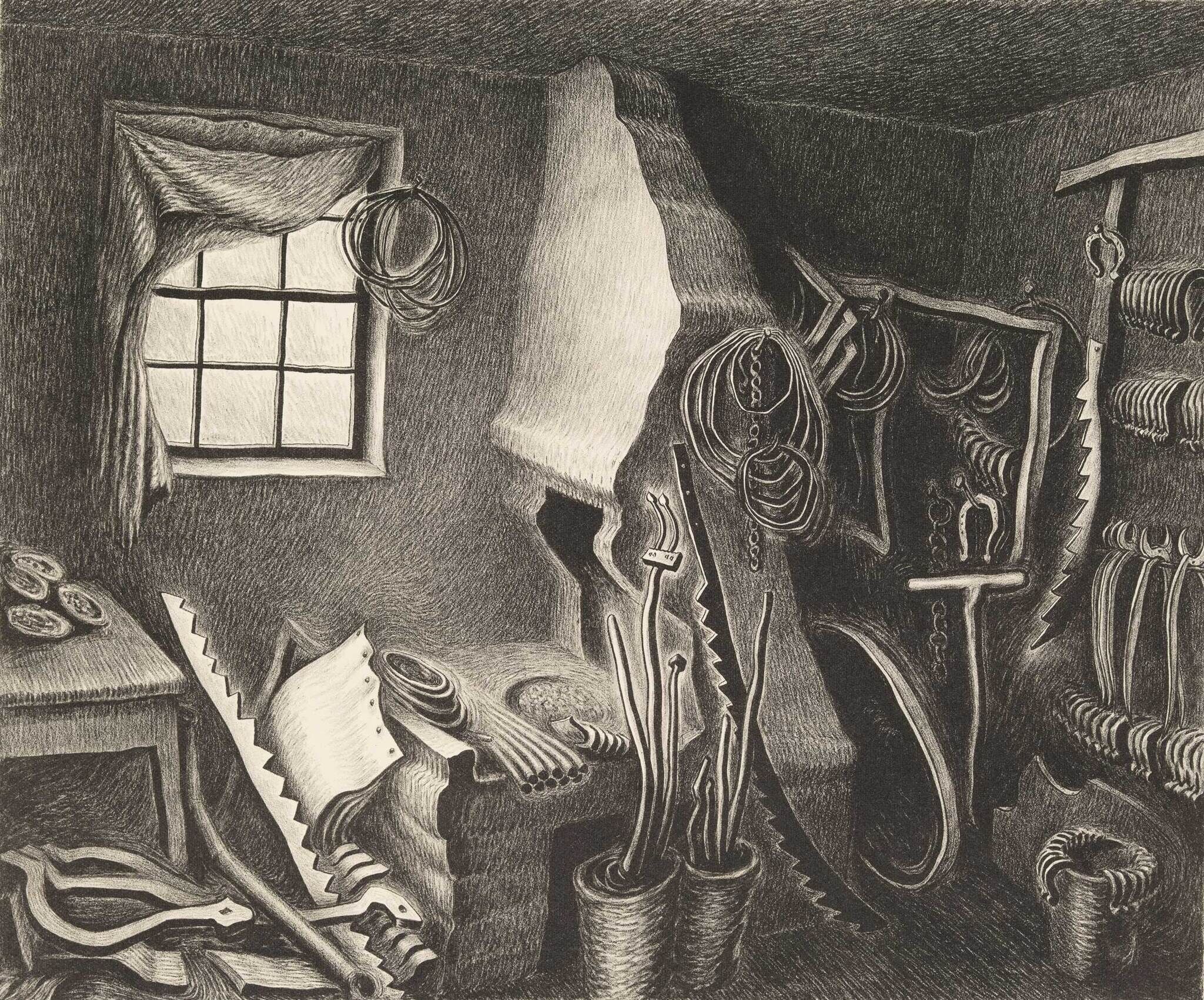 Monochrome etching of a cluttered workshop with tools, saws, and belts hanging on the walls, and a window with a tattered curtain.