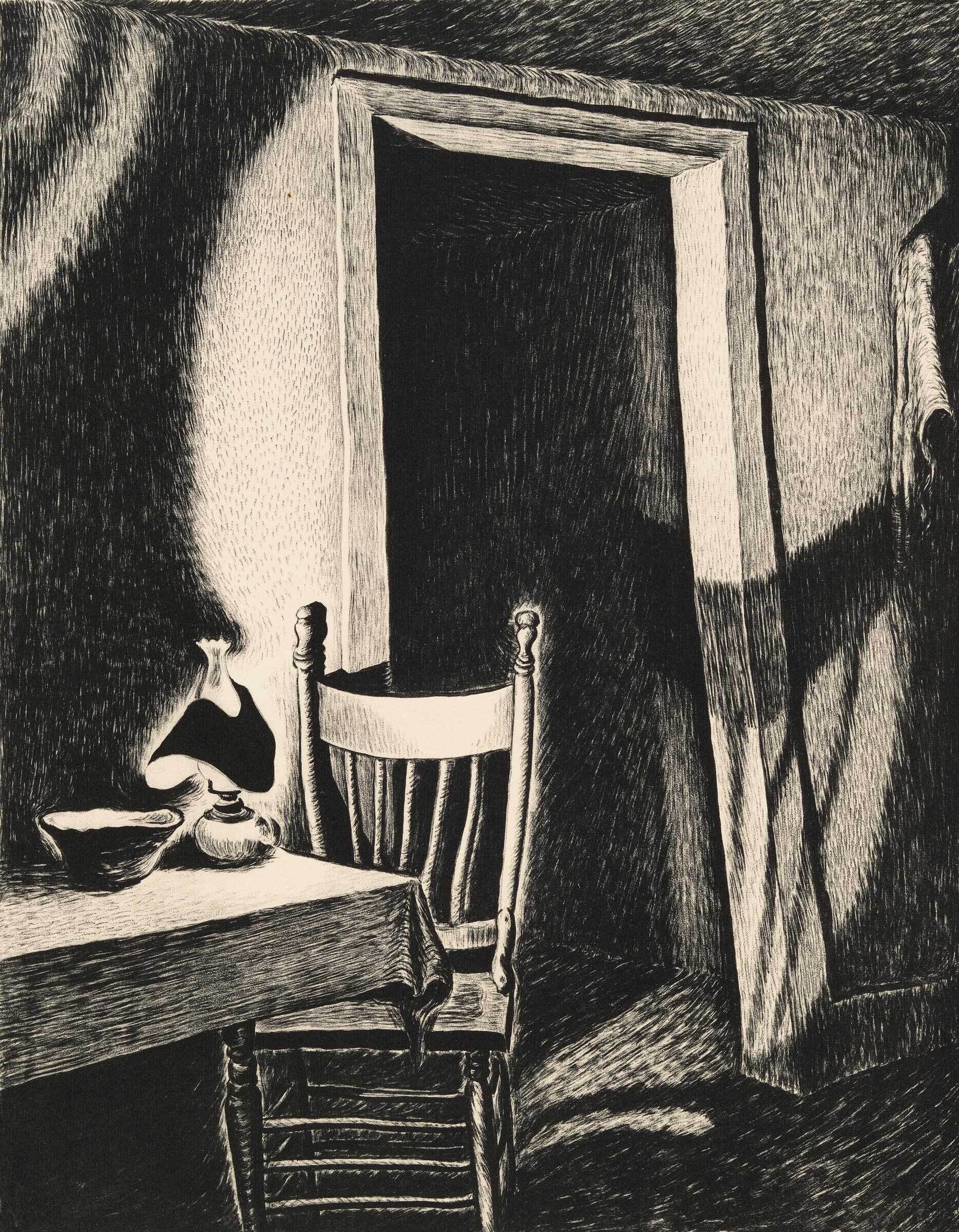 Monochrome etching of a stark room with an open door, a wooden chair, and a table with a pitcher and bowl.