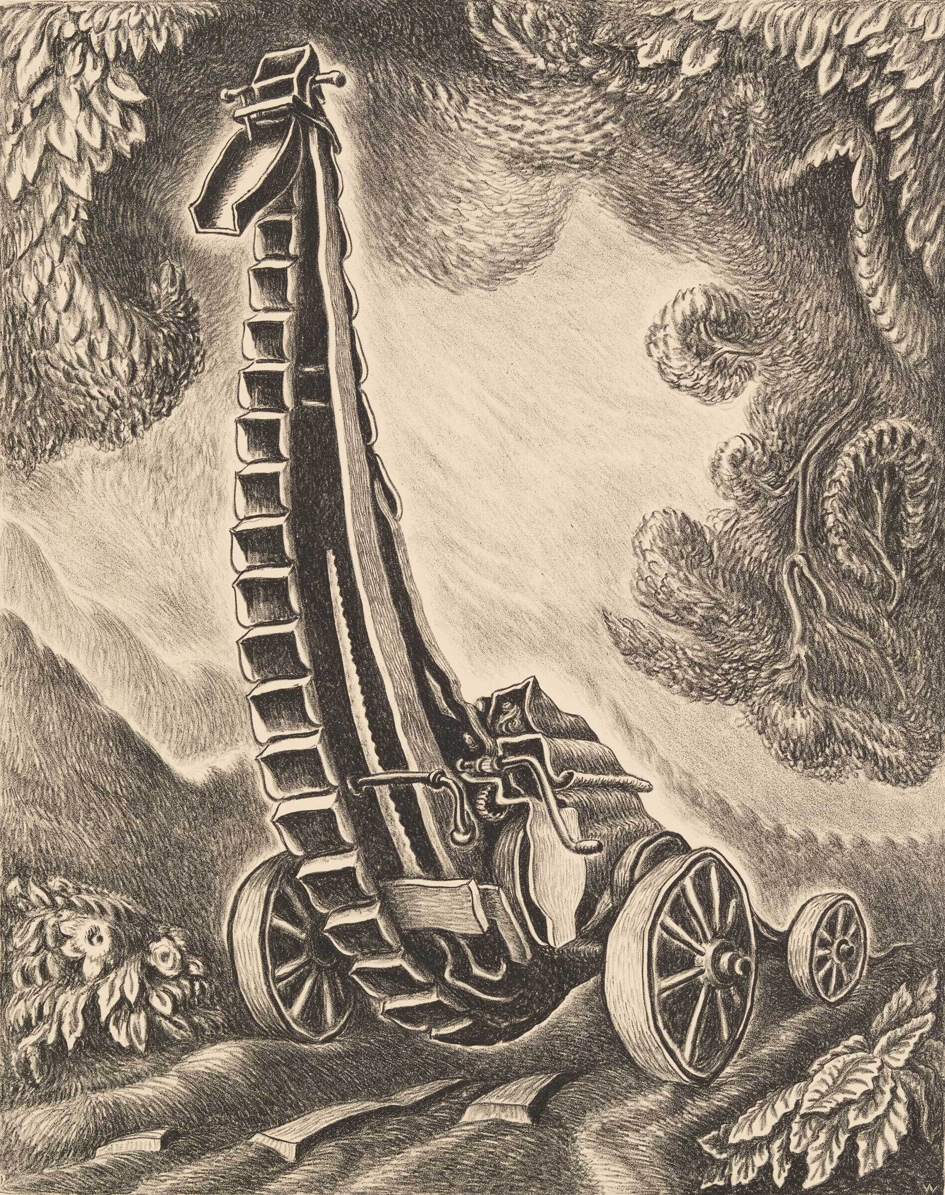 Etching of a surreal, ladder-like structure with a cannon at the base, surrounded by foliage and abstract patterns.