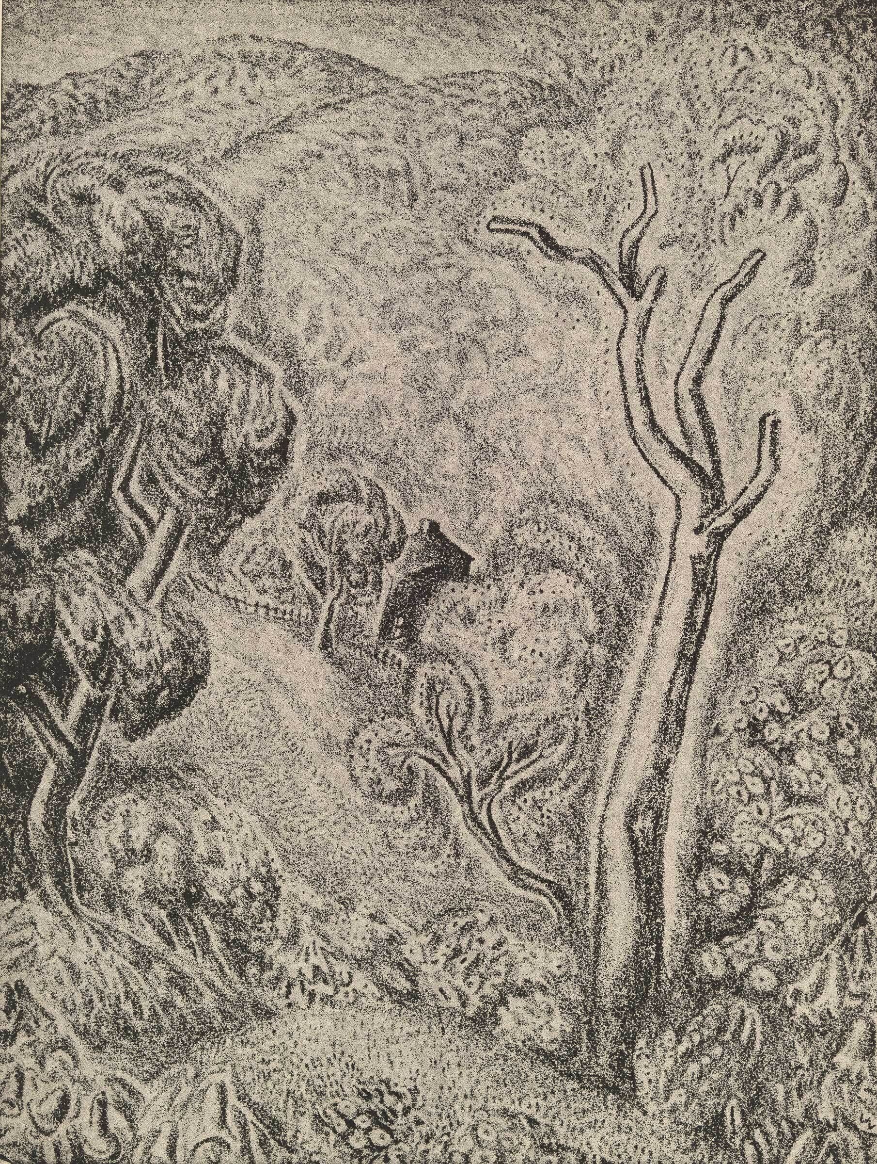 A textured drawing of a barren tree in a dense, patterned forest landscape.