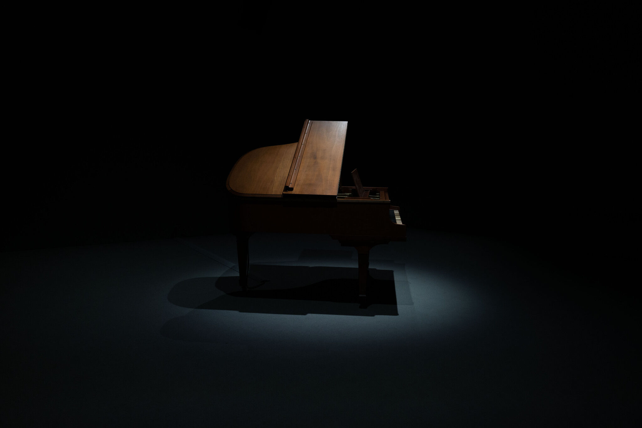 Grand piano highlighted by a single light source in a dark room, casting a dramatic shadow.