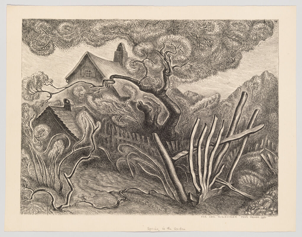 Etching of a whimsical garden with a cottage, swirling trees, and overgrown plants, titled "Spring in the Garden."