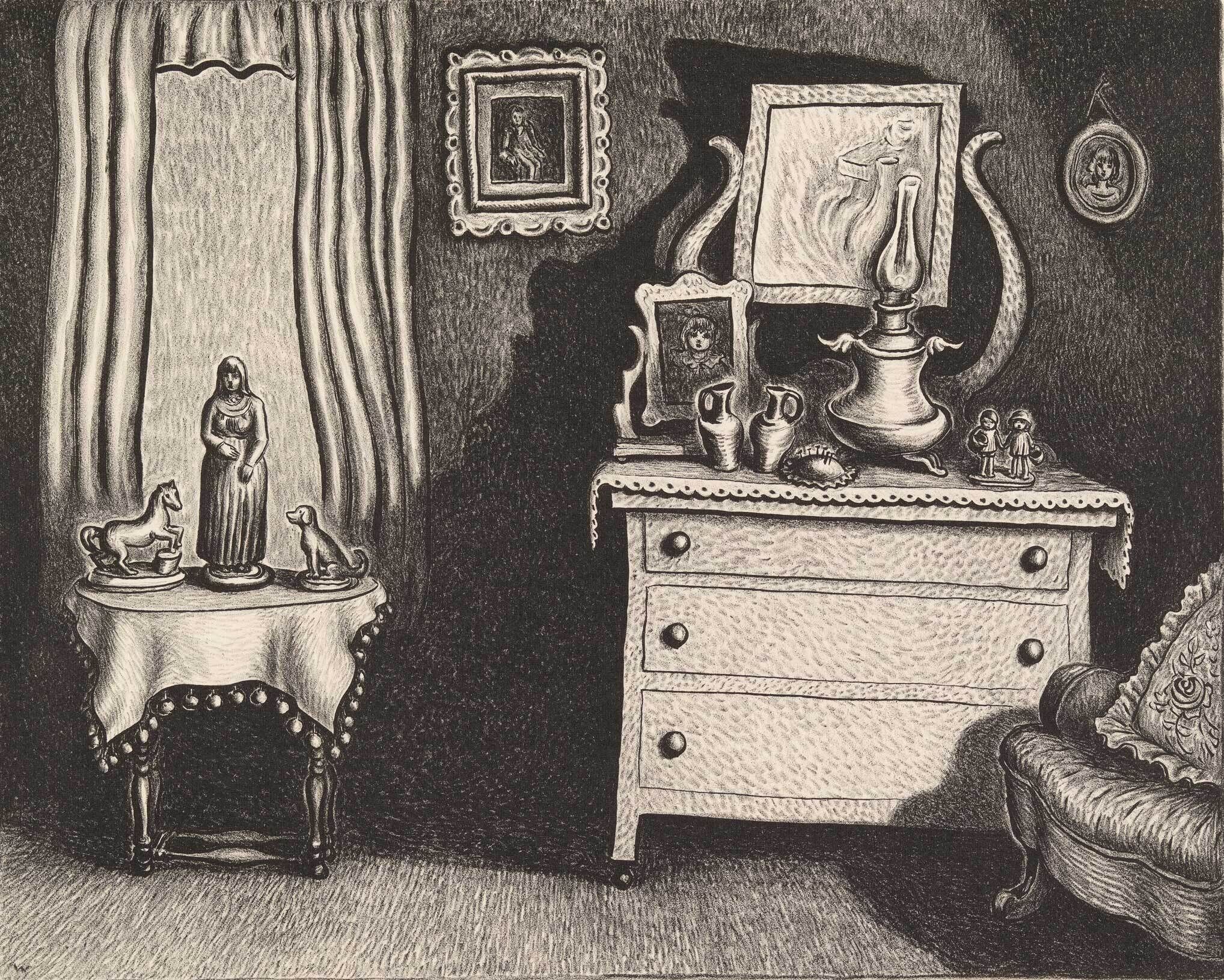 Vintage drawing of a room corner with a draped table, dresser, ornate lamp, and various small figurines.